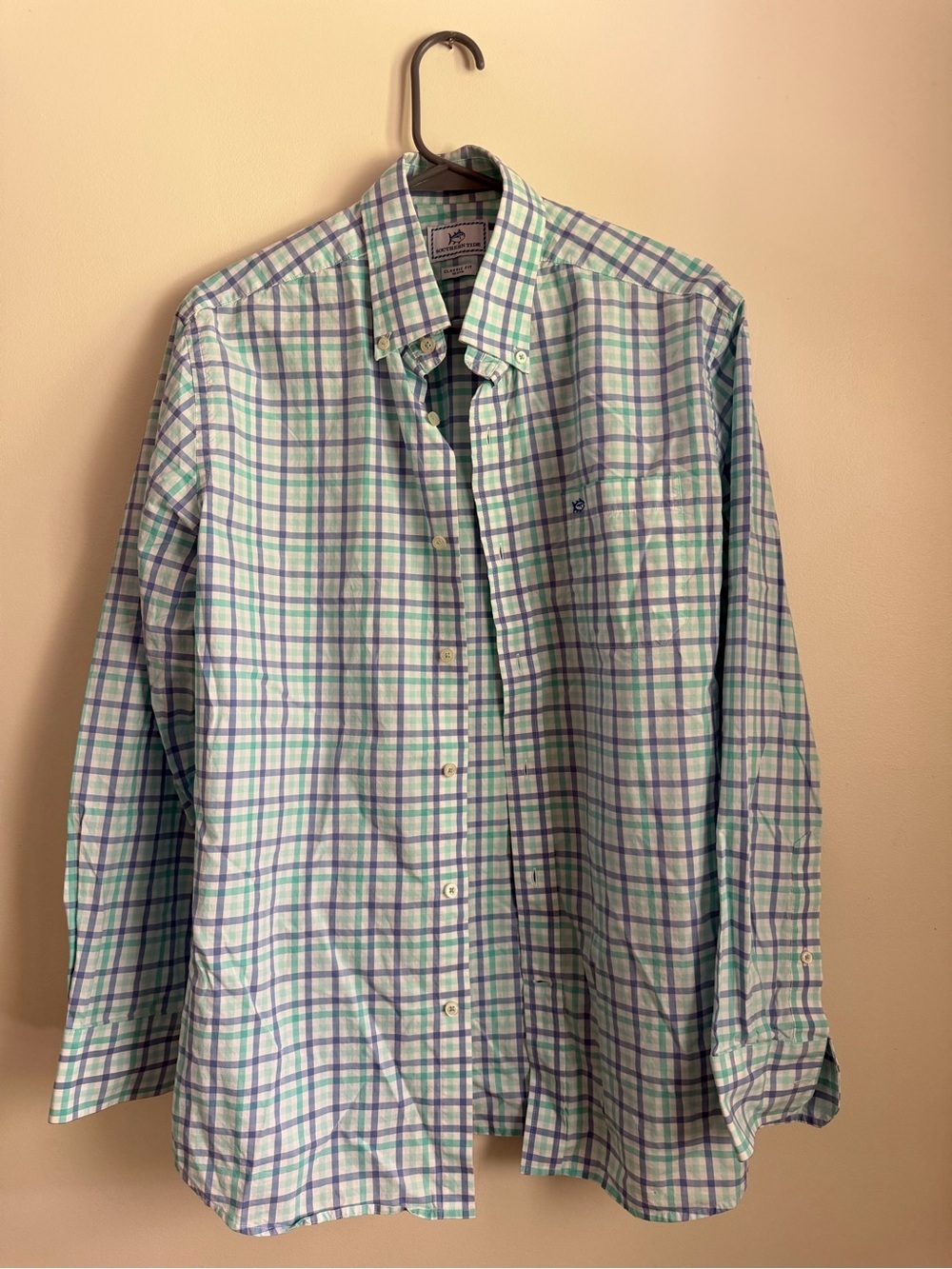 Southern Tide Mens Medium Plaid Button Down Shirt Green Blue Long Sleeve Coastal